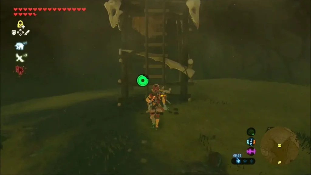 Link approaching a wooden Bokoblin lookout tower with a ladder Link approaching a wooden Bokoblin lookout tower with a ladder