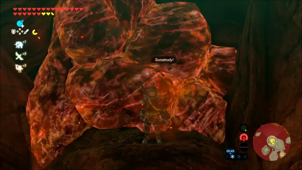 Link facing the glowing boulder where a trapped Goron calls Somebody Link facing the glowing boulder where a trapped Goron calls Somebody