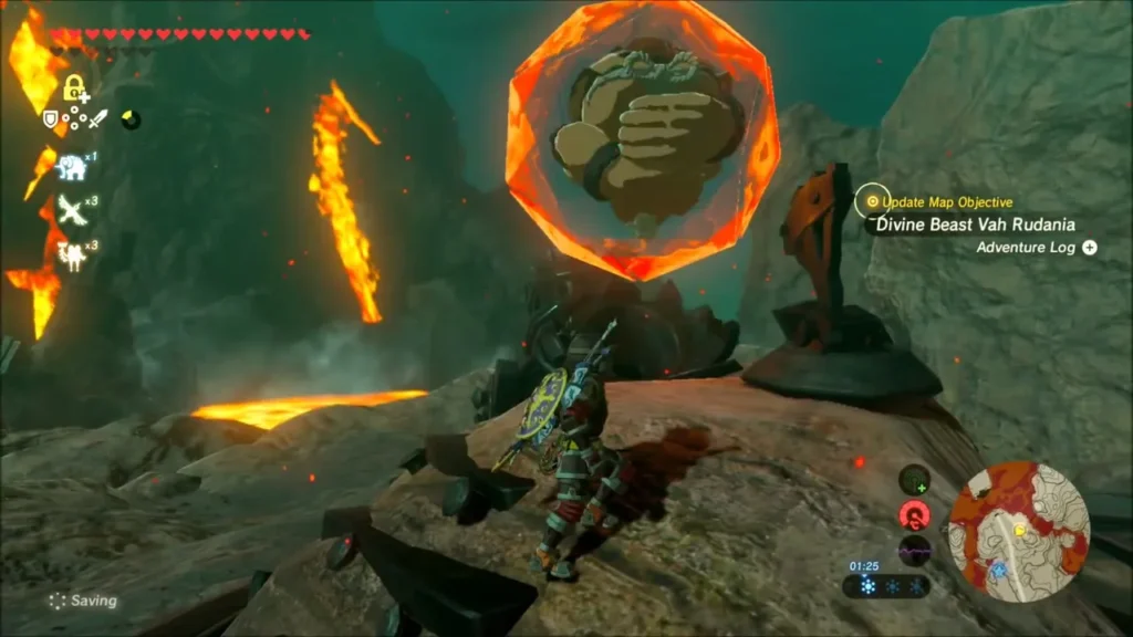 Yunobo shielded by Daruk's Protection beside the cannon as Vah Rudania becomes the quest objective Yunobo shielded by Daruk's Protection beside the cannon as Vah Rudania becomes the quest objective