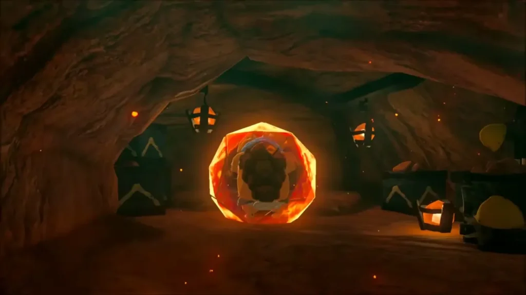 Yunobo sealed in a glowing crystal inside the vault Yunobo sealed in a glowing crystal inside the vault