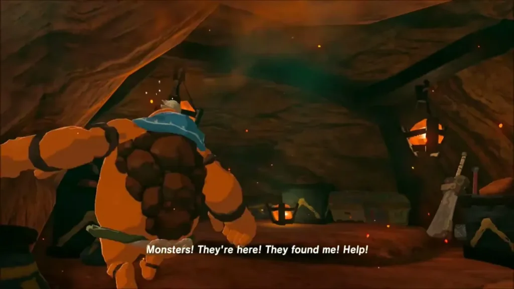 Yunobo the young Goron shouting in a panic inside the dim vault Yunobo the young Goron shouting in a panic inside the dim vault