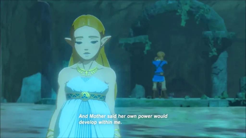 Zelda speaking of her mother's power while a figure stands in the ruin behind Zelda speaking of her mother's power while a figure stands in the ruin behind