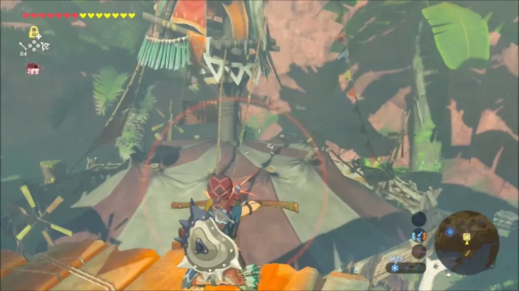 Link on the wooden platform aiming up at the horse-head tower