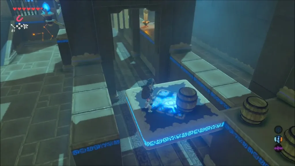 Link on a sliding platform with a barrel inside the shrine