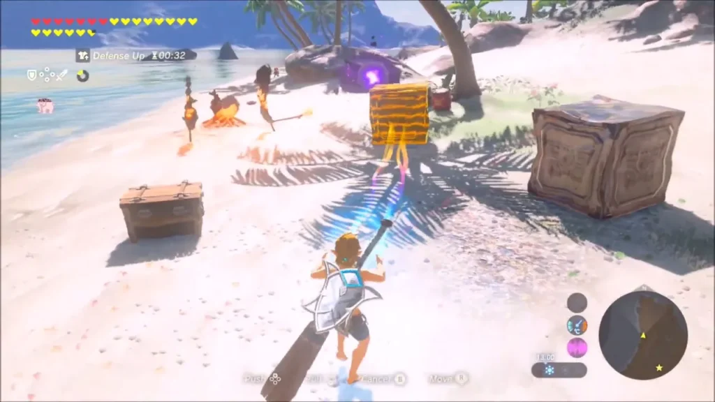 Link running along a beach toward chests and a Bokoblin camp