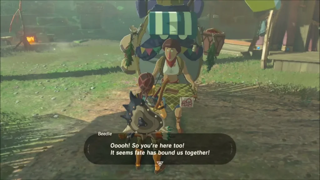 Beedle with his huge backpack greeting Link beside the stable