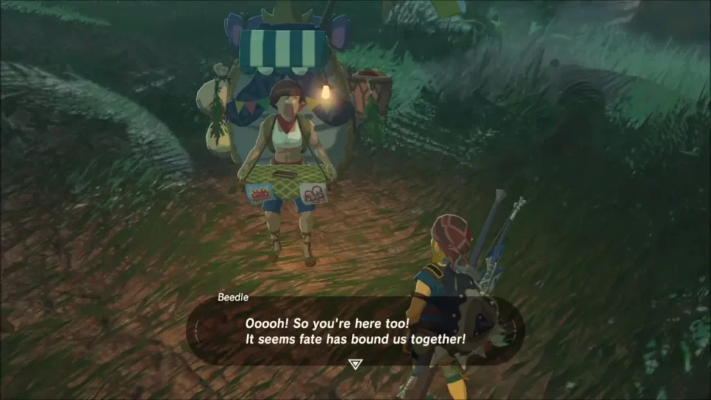 Beedle greeting Link beside his lantern-lit stall