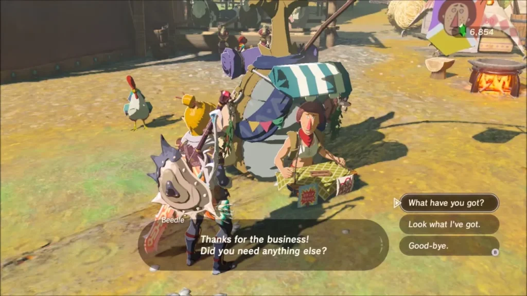 Beedle the merchant at his striped stall with Link standing in front