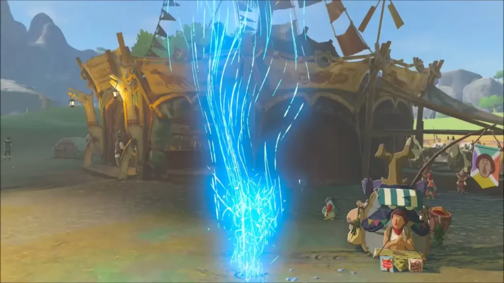 Beedle sitting at his stall next to the stable as a warp beam rises