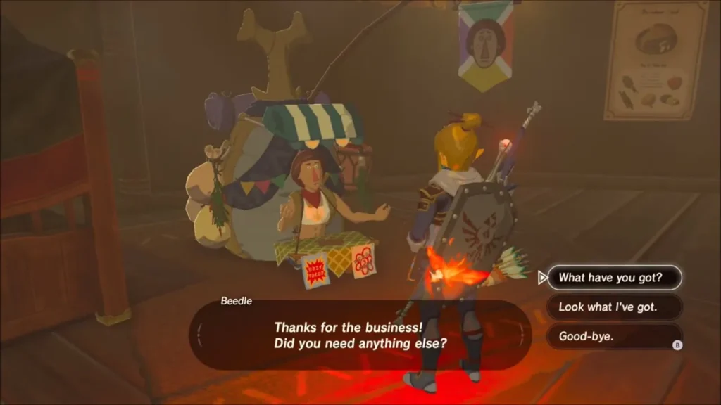 Beedle thanking Link after he sells gems at the stable stall