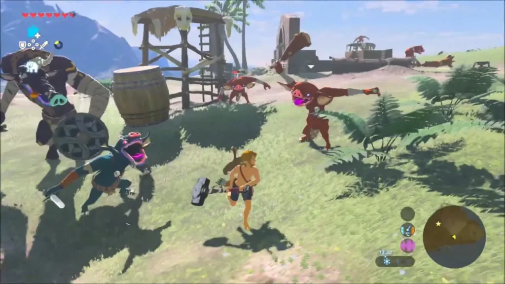 Link running with a hammer as Bokoblins and a Moblin charge near a wooden lookout tower