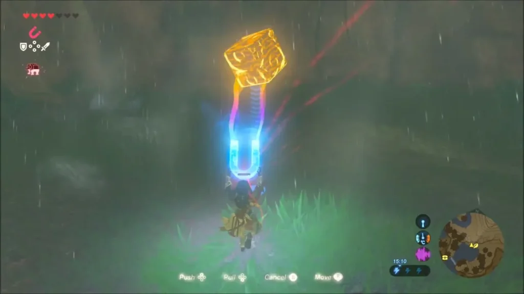 Link using Magnesis to lift a metal block beside Calora Lake