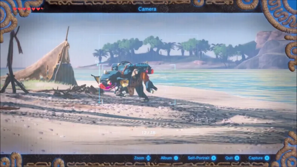 Camera rune view of a Bokoblin camp on the coast with a palm island beyond