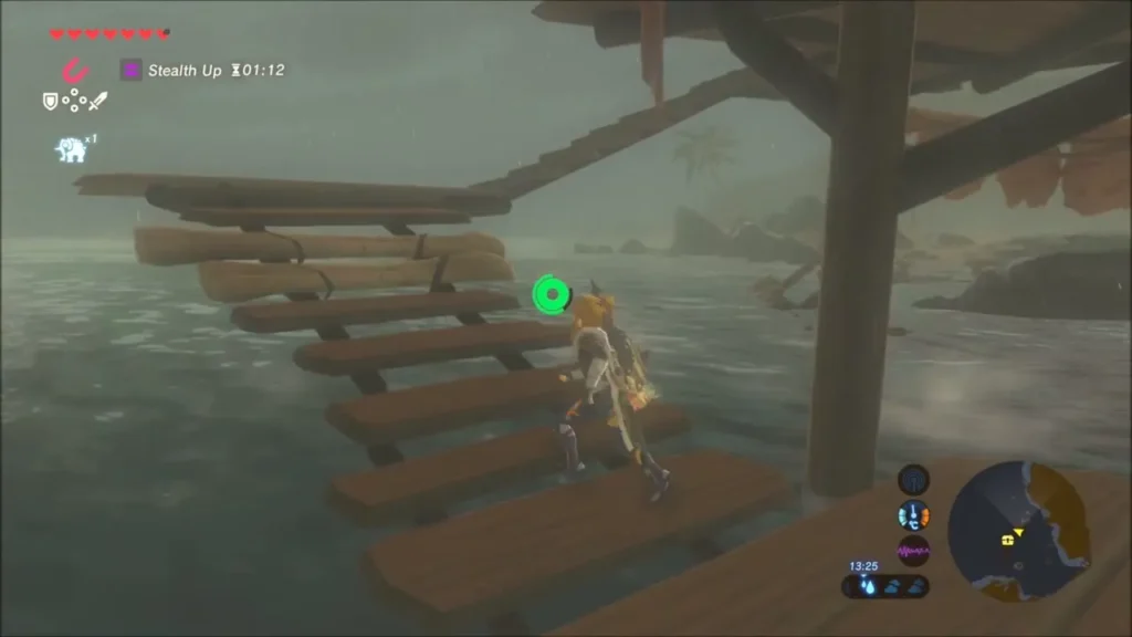 Link sneaking up the wooden boardwalk of the camp