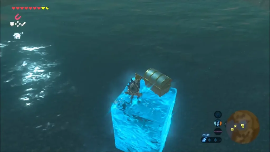 Chest resting on a Cryonis ice block in the lake
