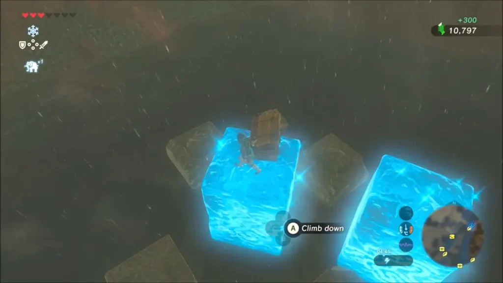 Link climbing an ice block with a chest on top, rupees gained