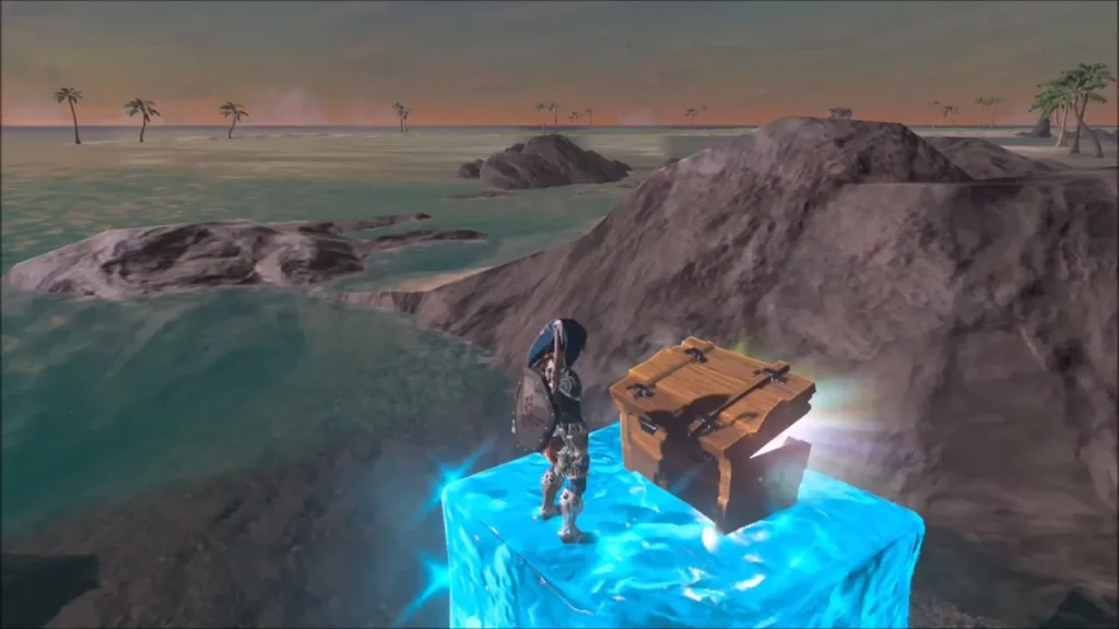 Link on an ice block beside an open chest sitting on a rock
