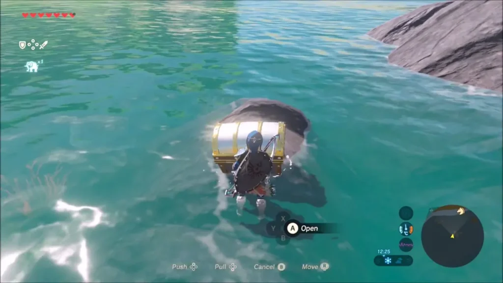 A treasure chest pulled onto a rock in the shallows in front of Link