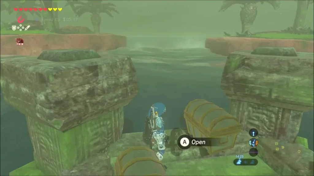 Link beside two chests on the pond ruin with Open prompt