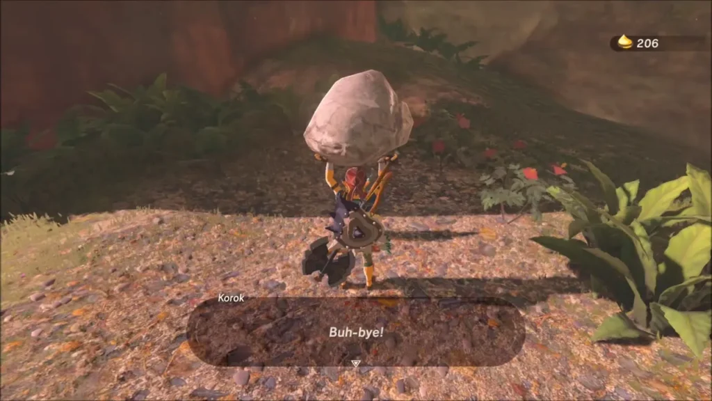 Link carrying a rock to the Korok at the cliff foot