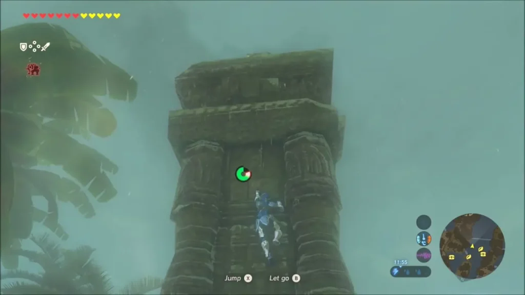 Link scaling the tall narrow stone pillar rising from the lake