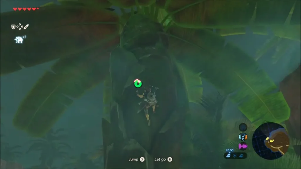 Link climbing a tall palm trunk toward a hidden Korok