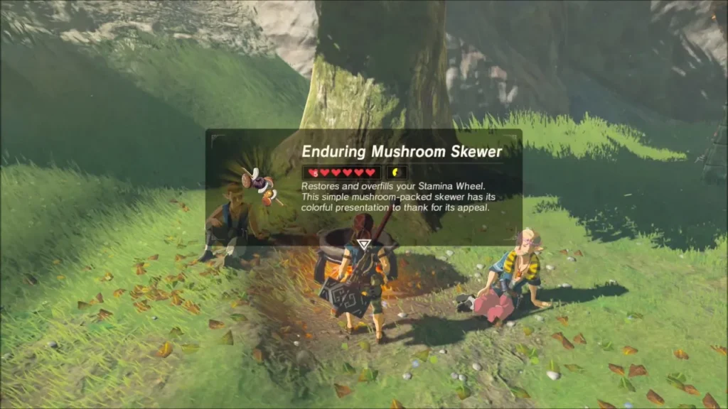 Link cooking at a pot in the grass, a mushroom skewer shown on screen