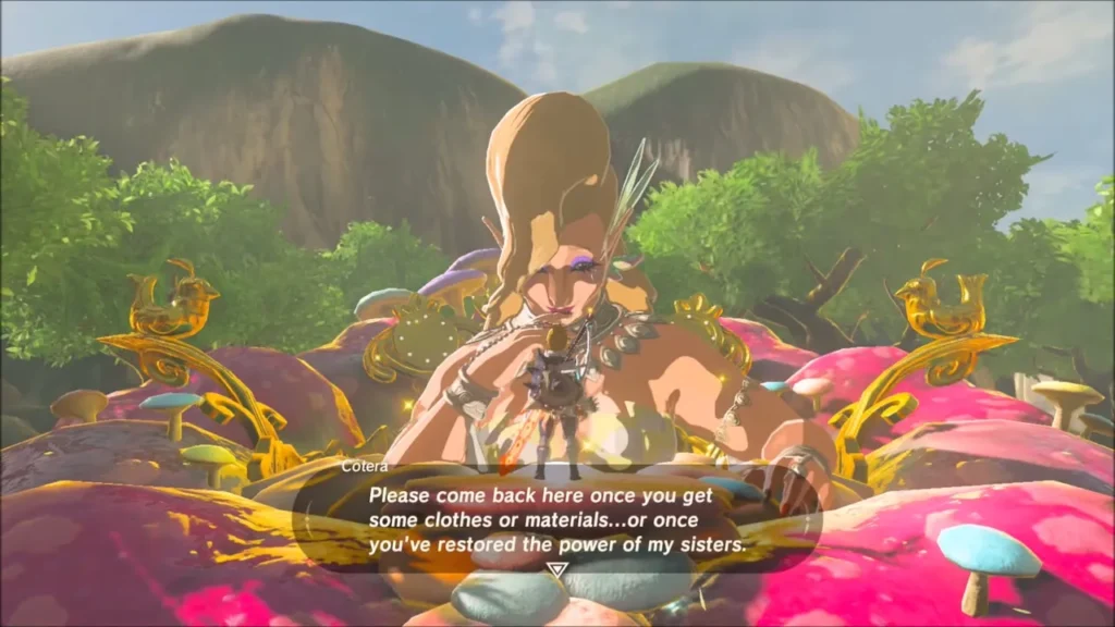 Cotera asking Link to return with more clothes or materials