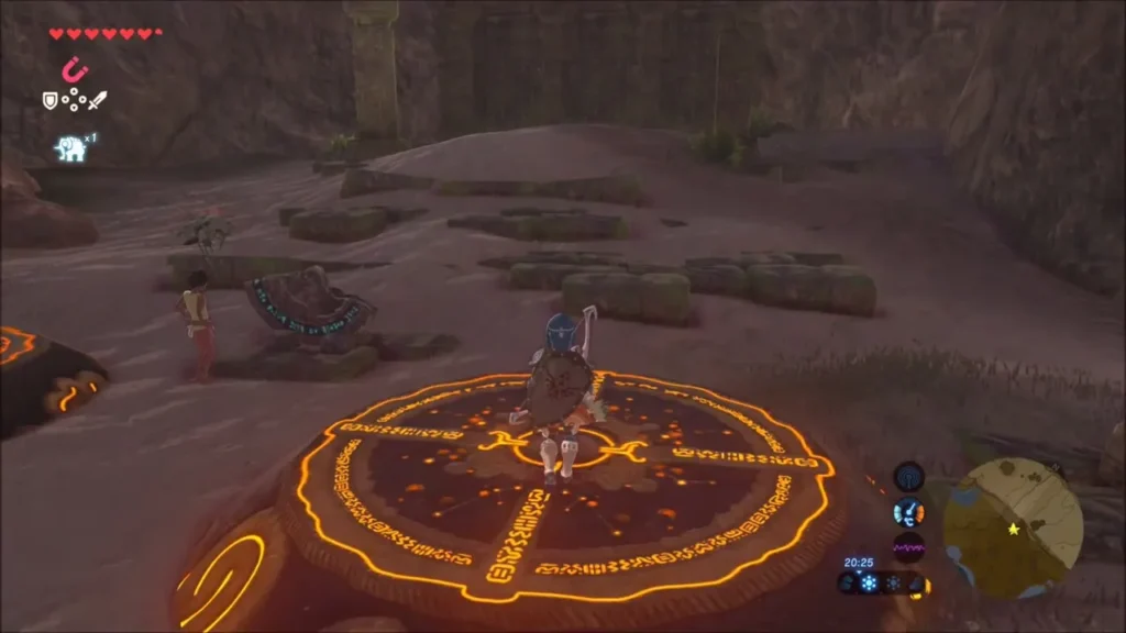 Link crouching on the glowing orange platform in the Palmorae Ruins