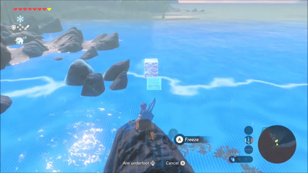 Aiming Cryonis at the water from a rock to raise an ice block