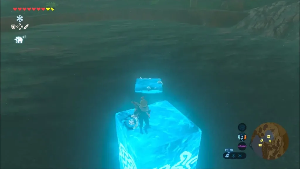 Link on a Cryonis ice block with a chest floating nearby in the lake