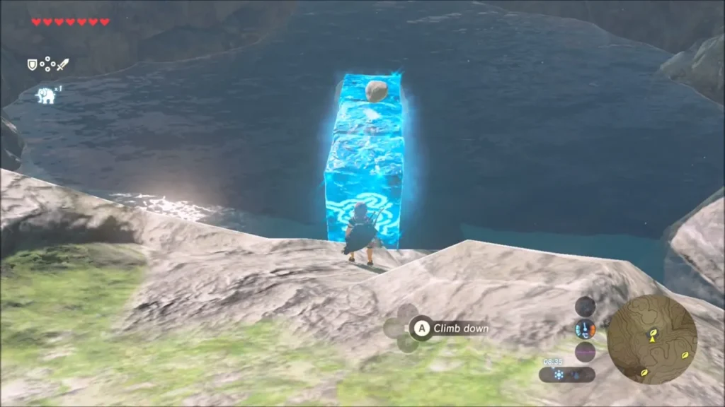 A Cryonis ice block raised in a mountain pool with Link at the edge