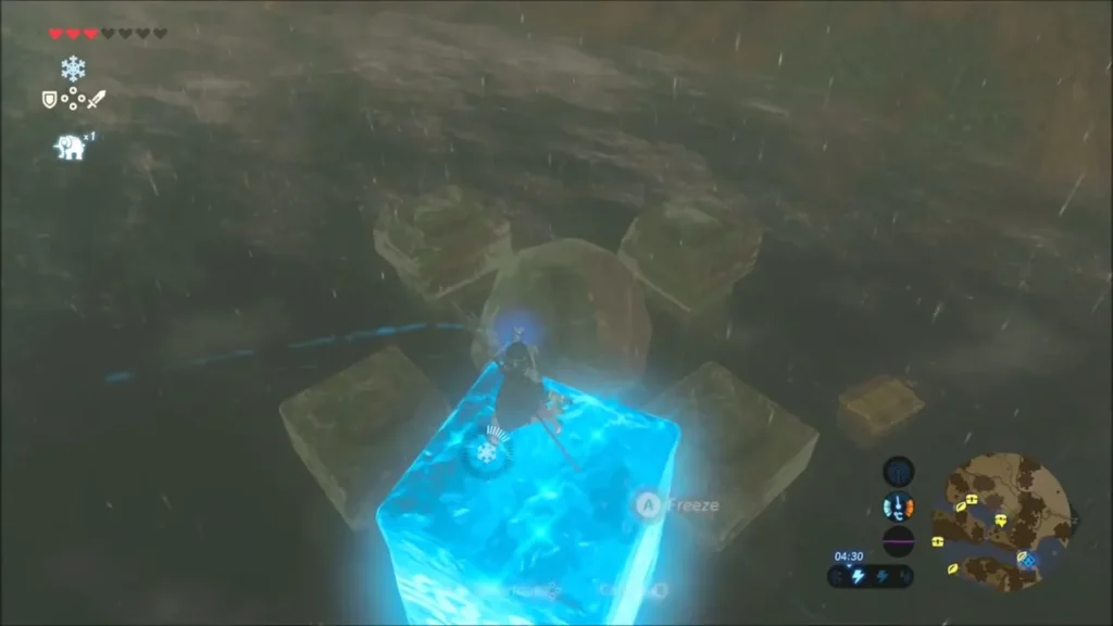 Link on a Cryonis block among submerged stone blocks in the rain