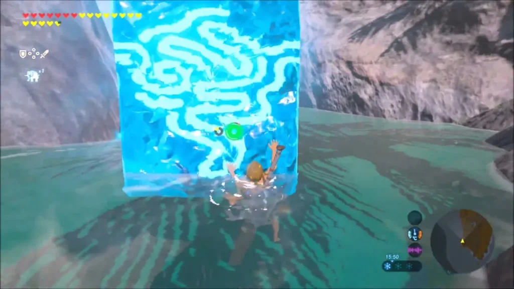 Link rising on a Cryonis ice block in the shallows beside rocks