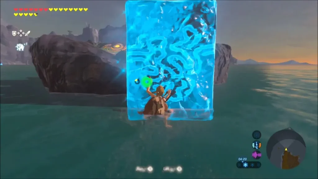 Link beside a Cryonis ice block in the water near the islet