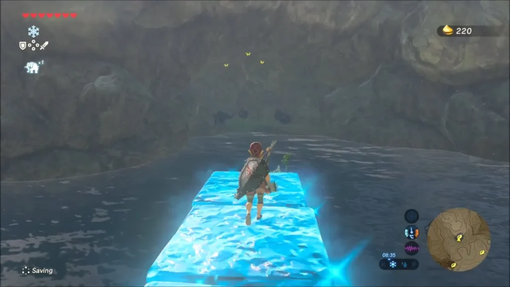 Link crossing the pool on Cryonis ice blocks toward the Korok