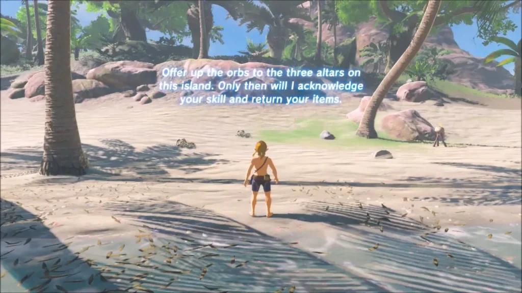 Link stripped of his gear on the beach as the voice explains the three altars
