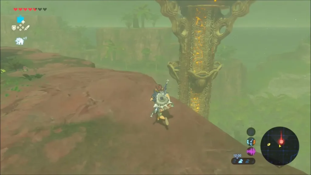 Link on the red rock beside the glowing Faron Tower