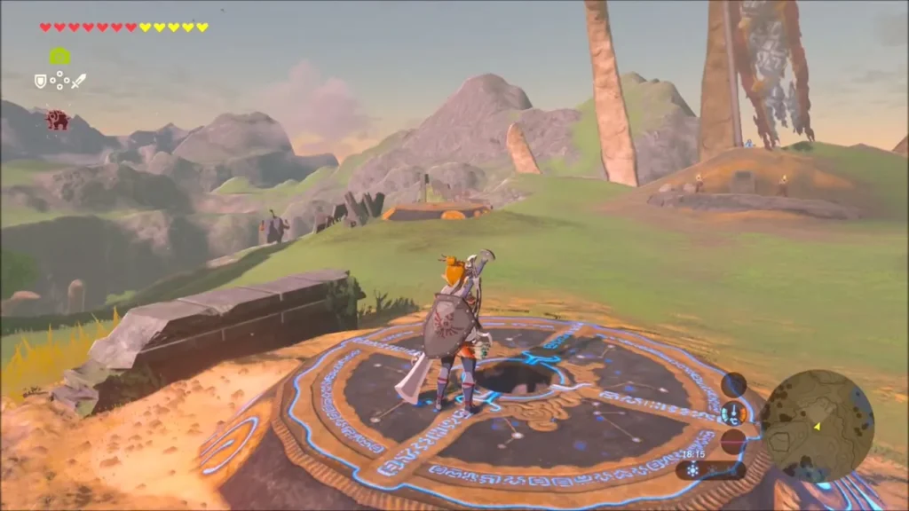 Link standing on the first pedestal with its blue lines lit