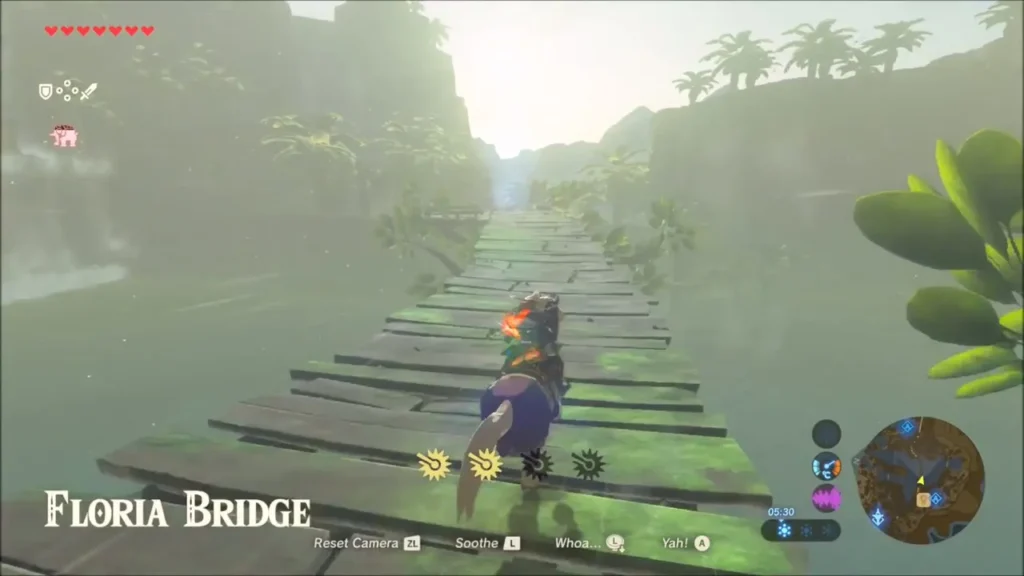 Link riding a horse across the wooden Floria Bridge with its title card