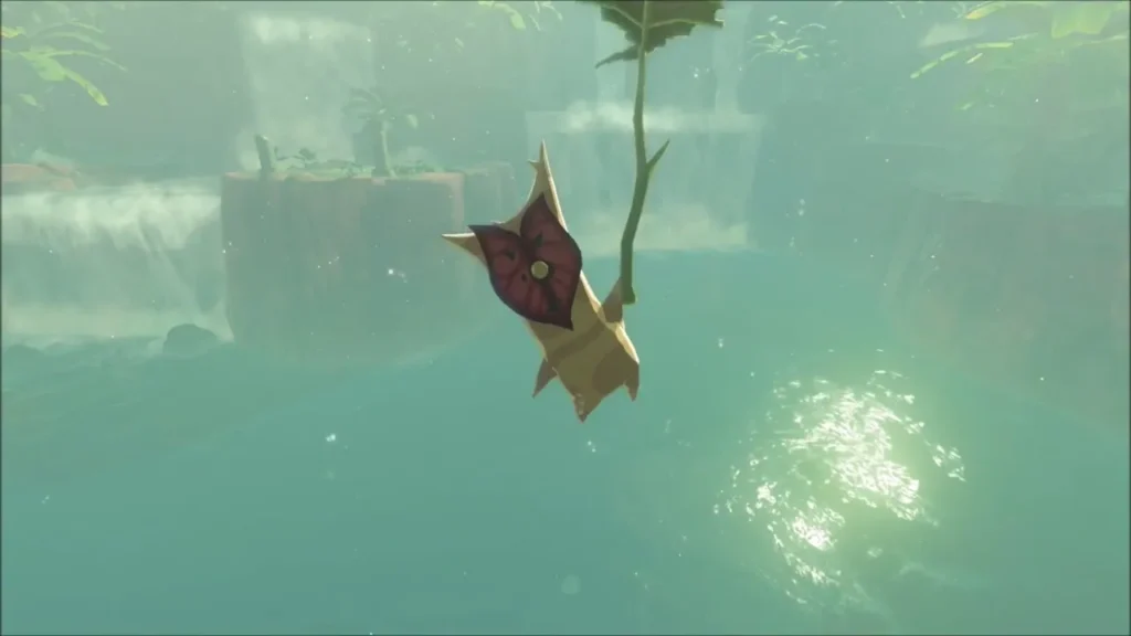 A Korok floating down over the water after the pods are shot