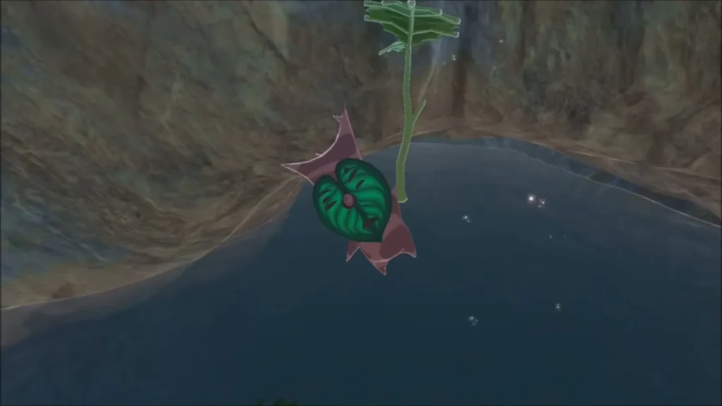 A Korok hanging above a small pool inside the rock