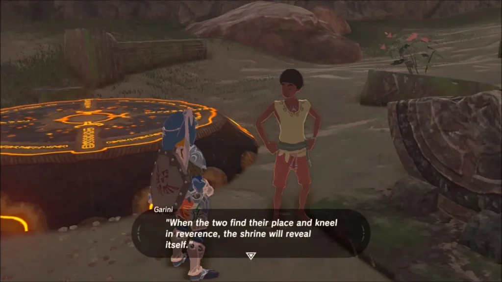 Garini reciting the riddle about kneeling in reverence beside an orange platform