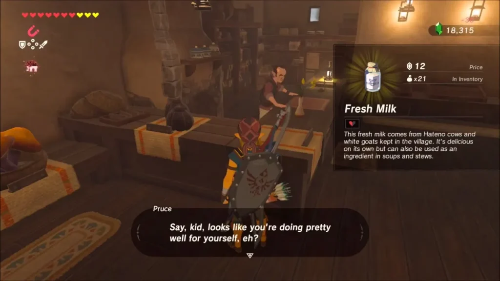 Link at the Hateno general store counter with Fresh Milk on offer