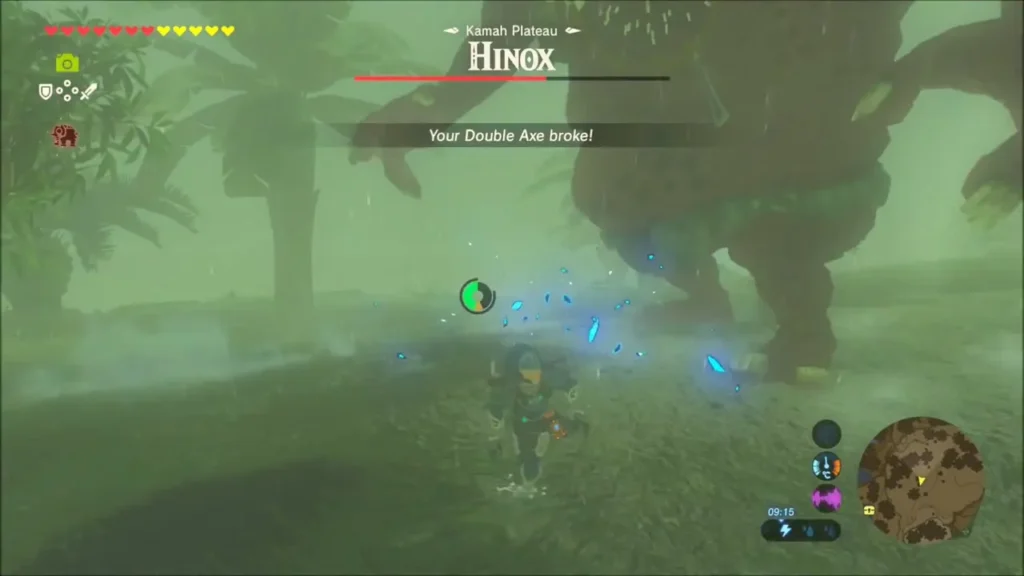 Hinox title card for Kanah Plateau as Link faces the giant in the jungle mist