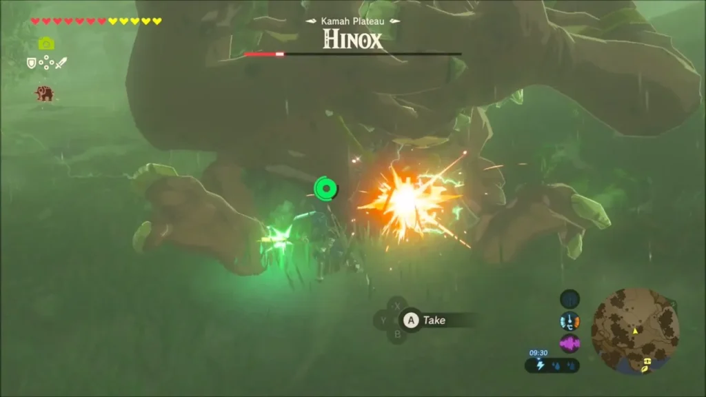 Link striking the Hinox with sparks flying and a drop ready to take