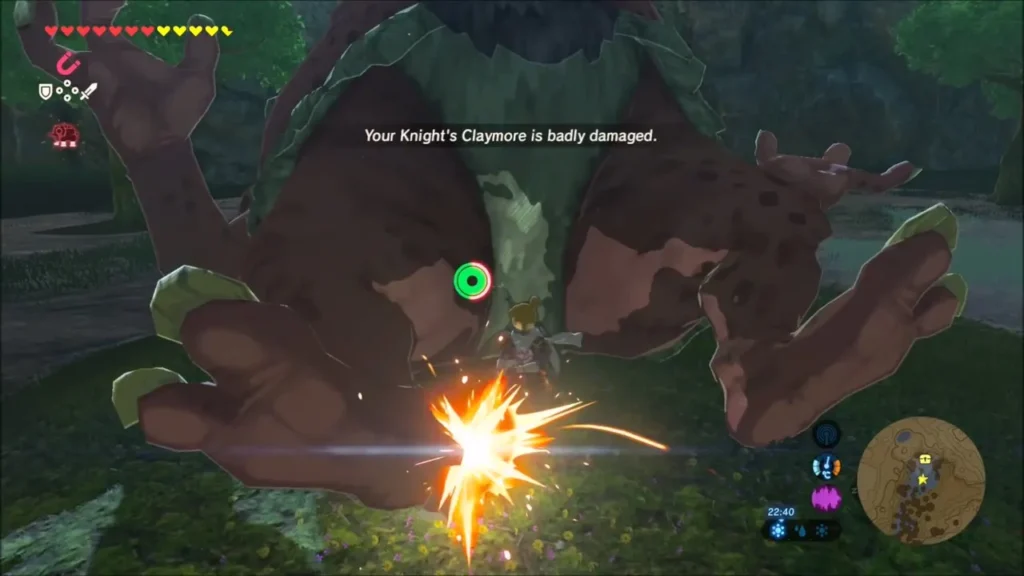 Link striking the Youngest Kin Hinox as sparks fly in the marsh