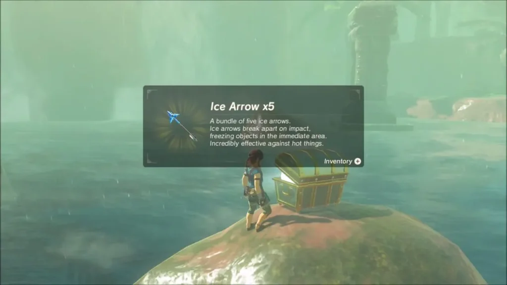 Ice Arrow x5 item box beside the opened chest on the rock island