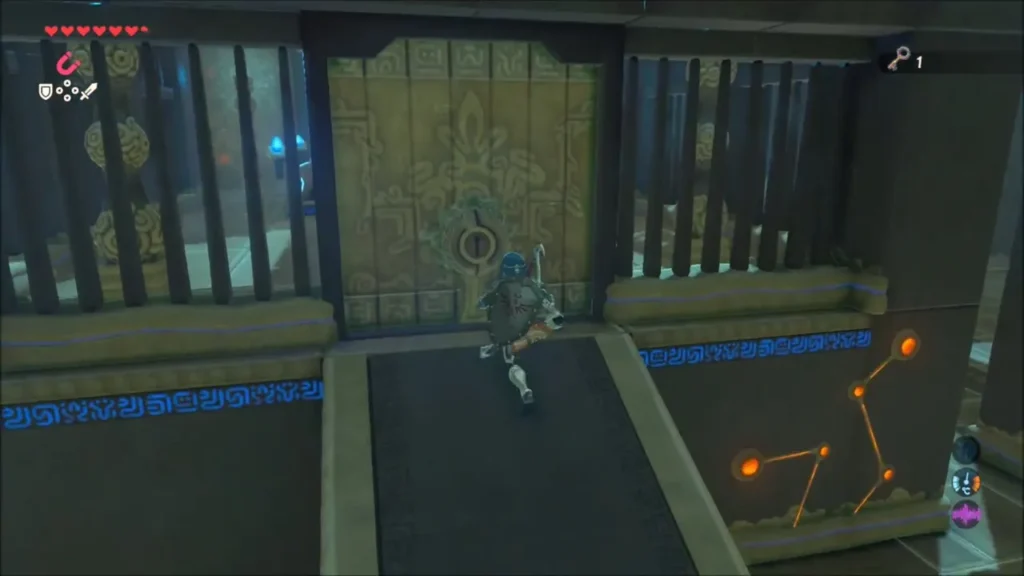 Link running up to the locked middle door of the shrine