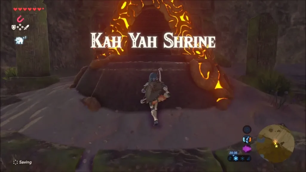 Kah Yah Shrine title over the shrine entrance with Link approaching